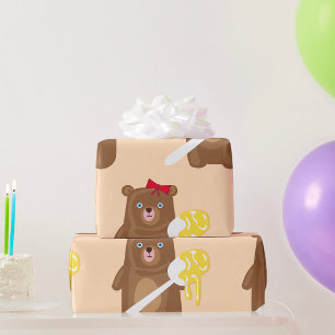 Adorable Honey Bear with Spoon And Red Bow  Wrapping Paper