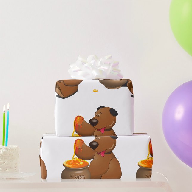 Adorable Honey Loving Bear with Honey Pot  Wrapping Paper (Creator Uploaded)