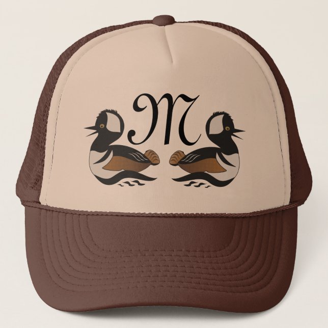 Adorable Hooded Merganser Duck Swimming Cartoon Trucker Hat (Front)