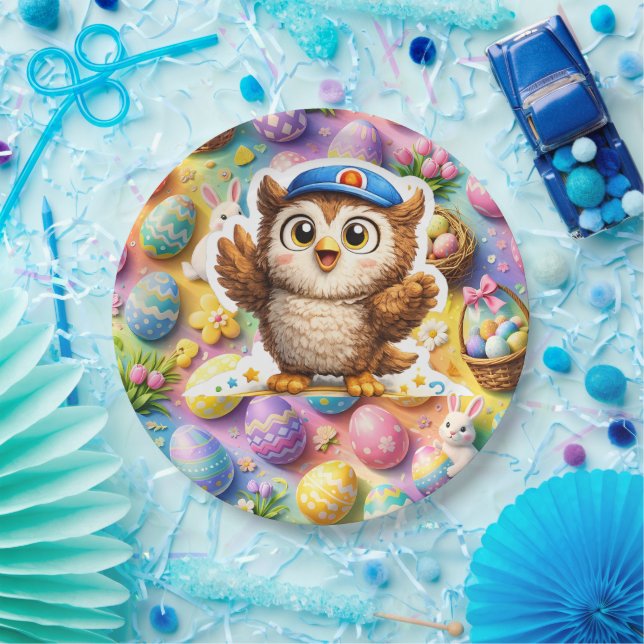 Adorable hoot the owl Easter bunny eggs Paper Plate (Party)