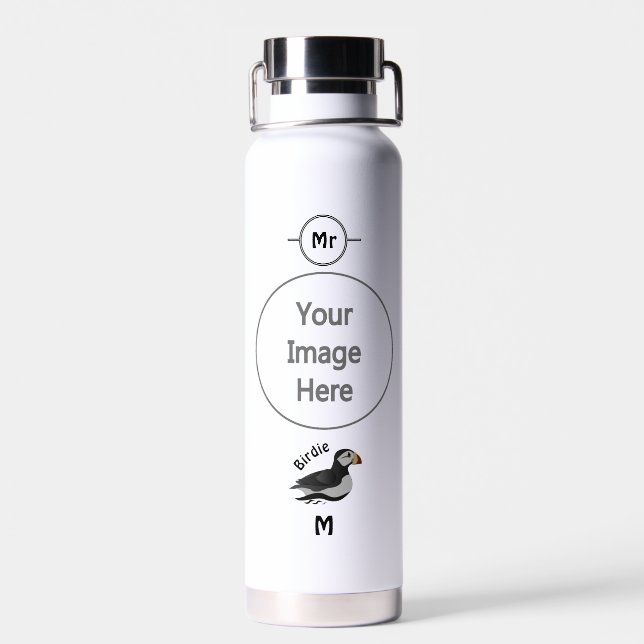 Adorable Horned Puffin Swimming Cartoon Water Bottle (Back)