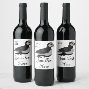 Adorable Horned Puffin Swimming Cartoon Wine Label
