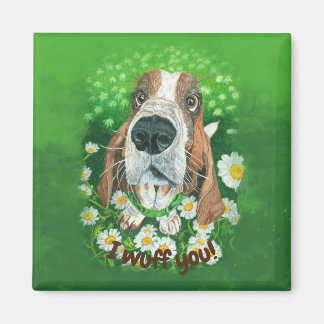 Adorable Hound in the Daisies - I Wuff You Magnet