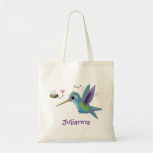 Adorable hummingbird and bee cartoon illustration tote bag