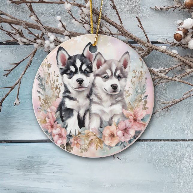 Adorable Husky Puppies Pink Floral Christmas Ceramic Ornament (Creator Uploaded)