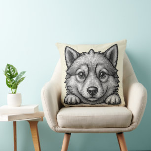 Adorable Husky Puppy Wood Engraving Style Cushion