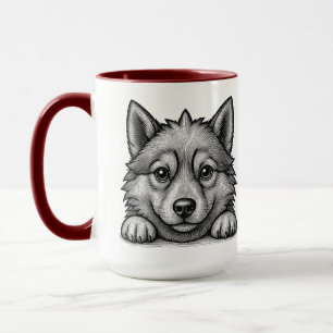Adorable Husky Puppy Wood Engraving Style Mug