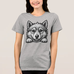 Adorable Husky Puppy Wood Engraving Style Tri-Blend Shirt