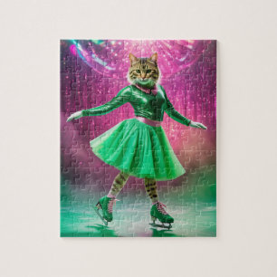Adorable Ice Skating Cat in Green Jigsaw Puzzle