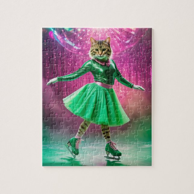 Adorable Ice Skating Cat in Green Jigsaw Puzzle (Vertical)