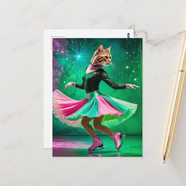 Adorable Ice Skating Cat in Pink and Green Postcard (Front/Back In Situ)