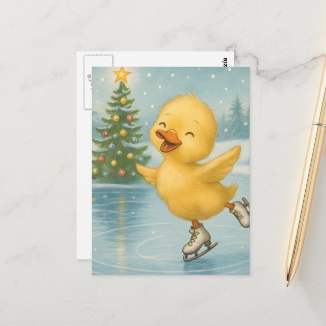 Adorable Ice Skating Christmas Duckling Postcard (Front/Back In Situ)