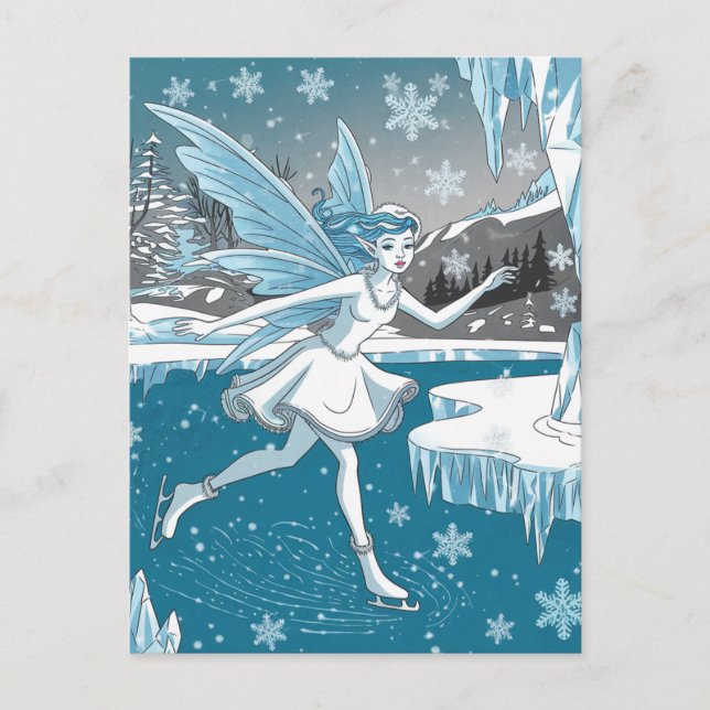 Adorable Ice Skating Fairy Blue White Postcard (Front)