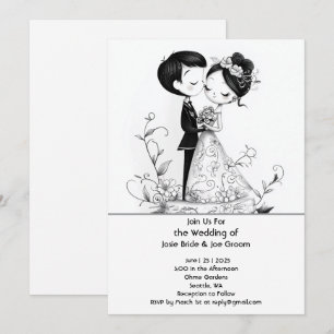 Adorable illustrated couple wedding invitation