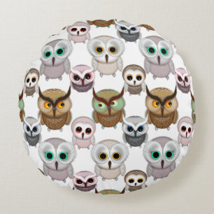 Adorable Illustrated Owls Pattern Round Cushion
