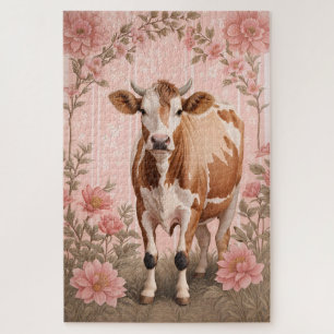 Adorable Jersey Cow Pink Floral Jigsaw Puzzle