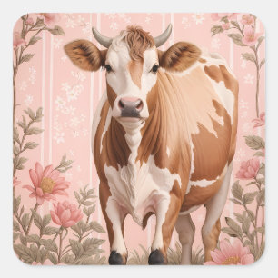Adorable Jersey Cow Pink Floral Square Sticker