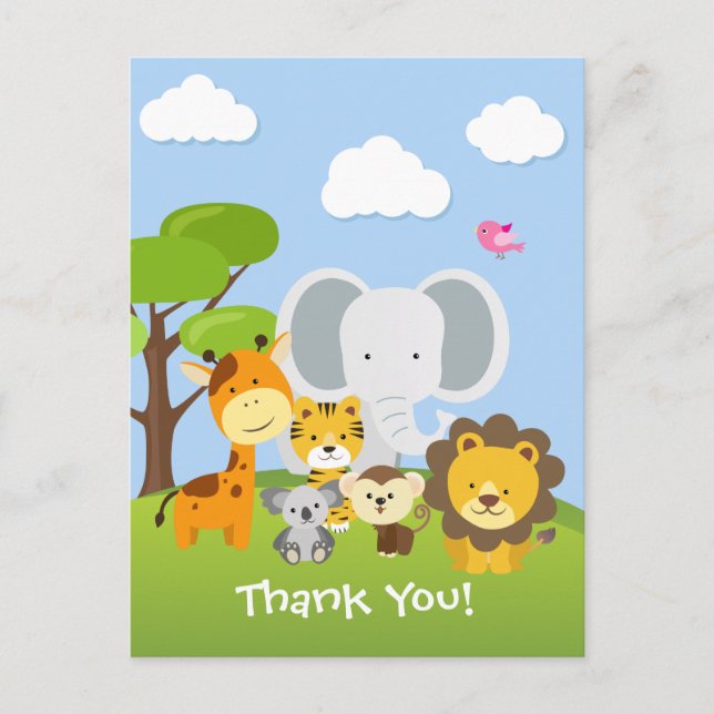 Adorable Jungle Animal Friends Thank You Postcard (Front)