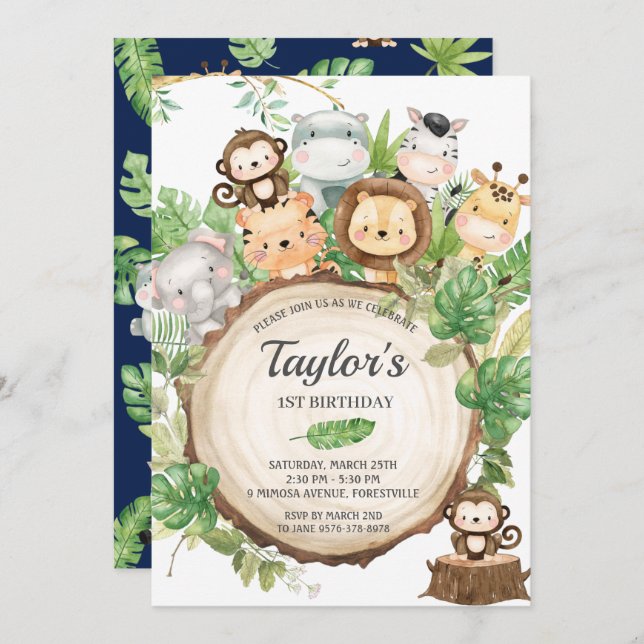Adorable Jungle Animals Greenery 1st Birthday Invitation (Front/Back)