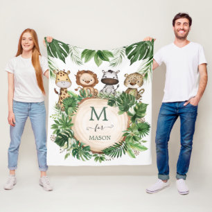 Adorable Jungle Animals Tropical Safari Greenery Fleece Blanket