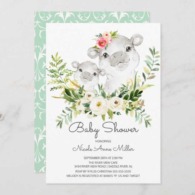 Adorable Jungle Hippo Baby Shower Invitation (Front/Back)