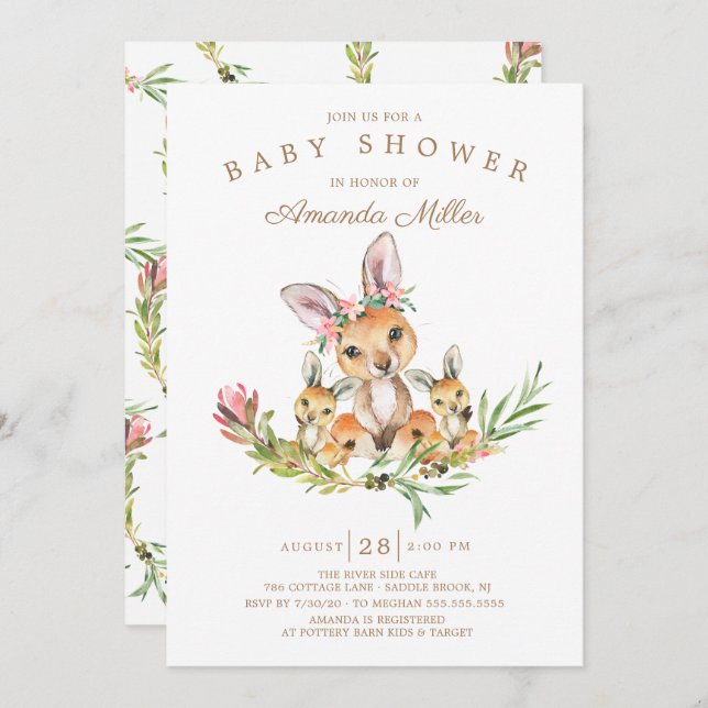 Adorable Kangaroo Mum & Babies Twins Baby Shower Invitation (Front/Back)