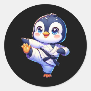 Adorable Karate Penguin Crane Kick Pose Classic Round Sticker