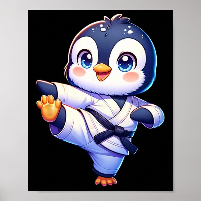 Adorable Karate Penguin Crane Kick Pose  Poster (Front)