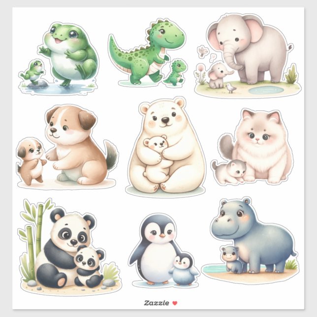 Adorable Kawaii Animals: Baby and Mother Stickers (Sheet)