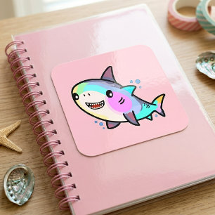 Adorable Kawaii Baby Shark with Rainbow Pastels Square Sticker