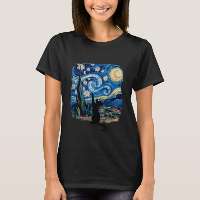 Adorable Kawaii Black Cat Reaching for Stars in a  T-Shirt (Front)