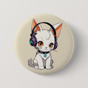 Adorable Kawaii Cat in Headphones 6 Cm Round Badge