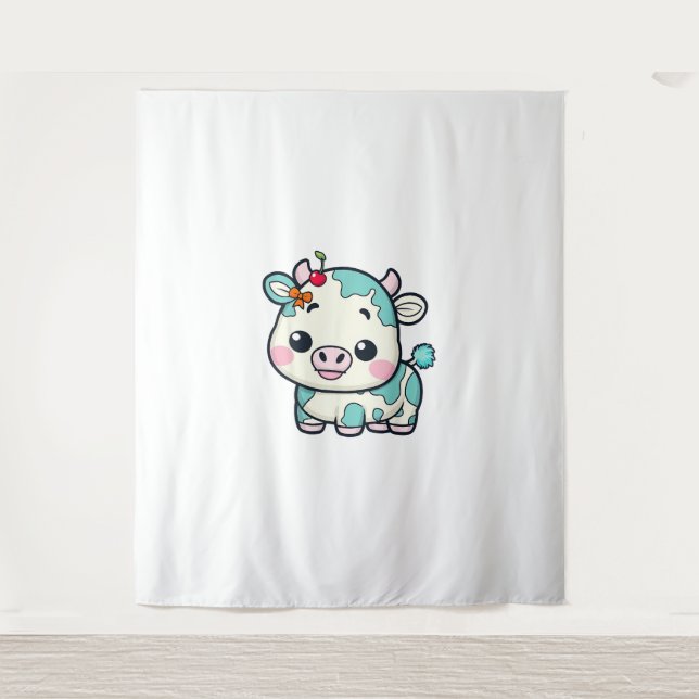 Adorable Kawaii Cow with Cherry and Bow Design _2 Tapestry (Front)