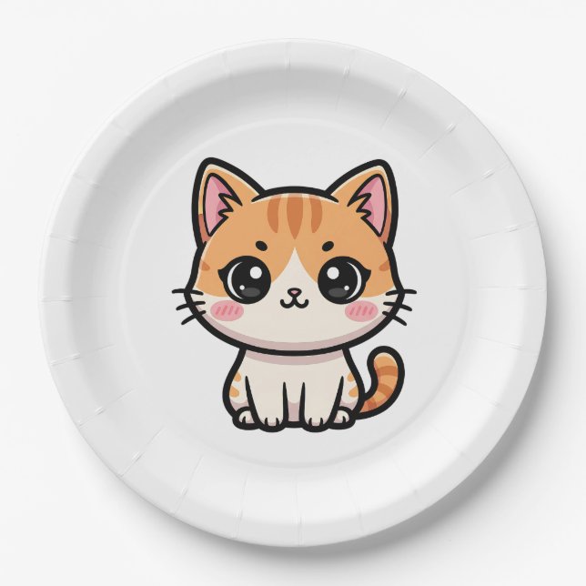 Adorable Kawaii Ginger Cat Illustration Paper Plate (Front)