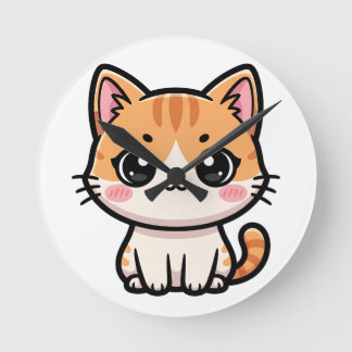 Adorable Kawaii Ginger Cat Illustration Round Clock
