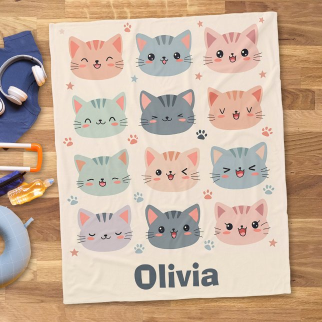 Adorable Kawaii Kitten Faces Fleece Blanket (Creator Uploaded)