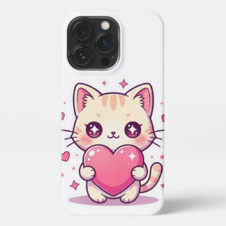 Adorable Kawaii Kitten with Pink Heart - iPhone Ca 13 Pro Case