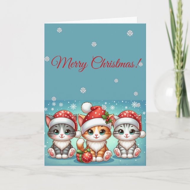 Adorable Kawaii Kitties in Santa Hats Winter Chris Card (Front)