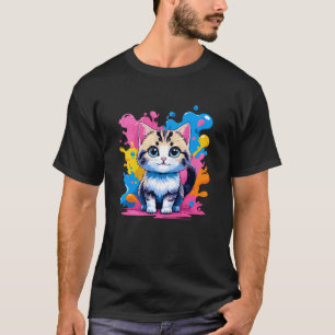 Adorable Kawaii Kitty Cat with Colour Paint Splash T-Shirt