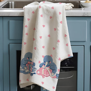 Adorable kawaii Kiwi love bird Valentine Cute Pink Tea Towel