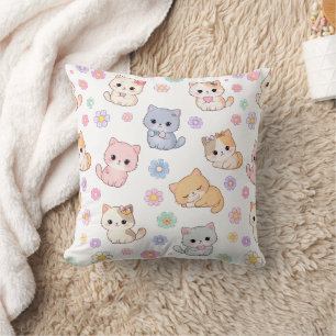 Adorable Kawaii Pastel Kitten and Floral Pattern Cushion