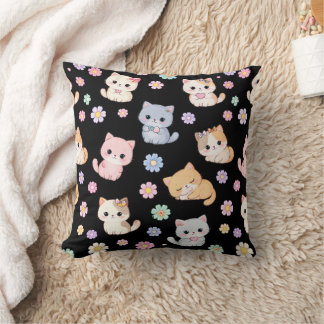 Adorable Kawaii Pastel Kitten and Floral Pattern  Cushion