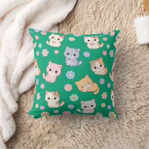 Adorable Kawaii Pastel Kitten and Floral Pattern Cushion