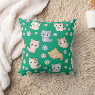 Adorable Kawaii Pastel Kitten and Floral Pattern  Cushion