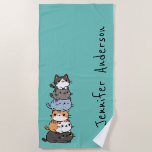 Adorable Kawaii Stack Of Kitty Cats Personalised Beach Towel