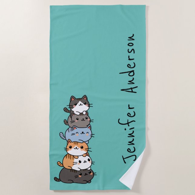 Adorable Kawaii Stack Of Kitty Cats Personalised Beach Towel (Front)