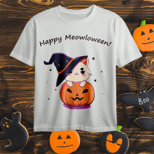 Adorable Kawaii Witch Cat in Halloween Pumpkin T-Shirt