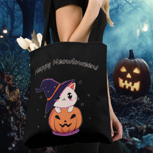 Adorable Kawaii Witch Cat in Halloween Pumpkin Tote Bag