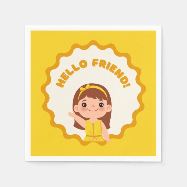 Adorable Kids’ Party Napkin – Hello Friend! Yellow (Front)
