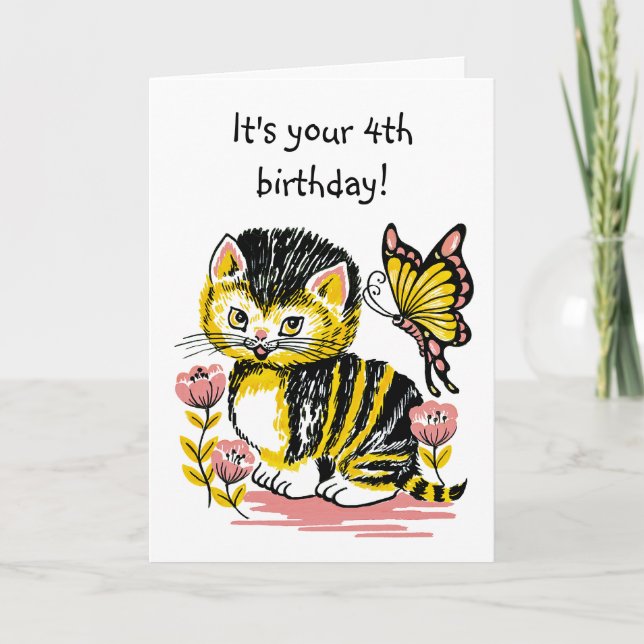 Adorable Kitten and Butterfly Fourth Birthday Card (Front)